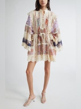 NWT Authentic Zimmermann Rhiannon Billow Lace Trim Mini Dress Size 2 (8 US)